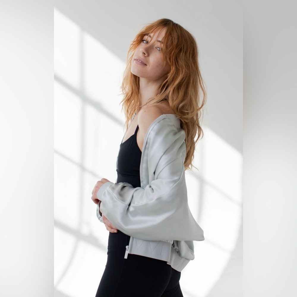 Savvi Lucy Satin Bomber Jacket in Silver - Picture 5 of 12